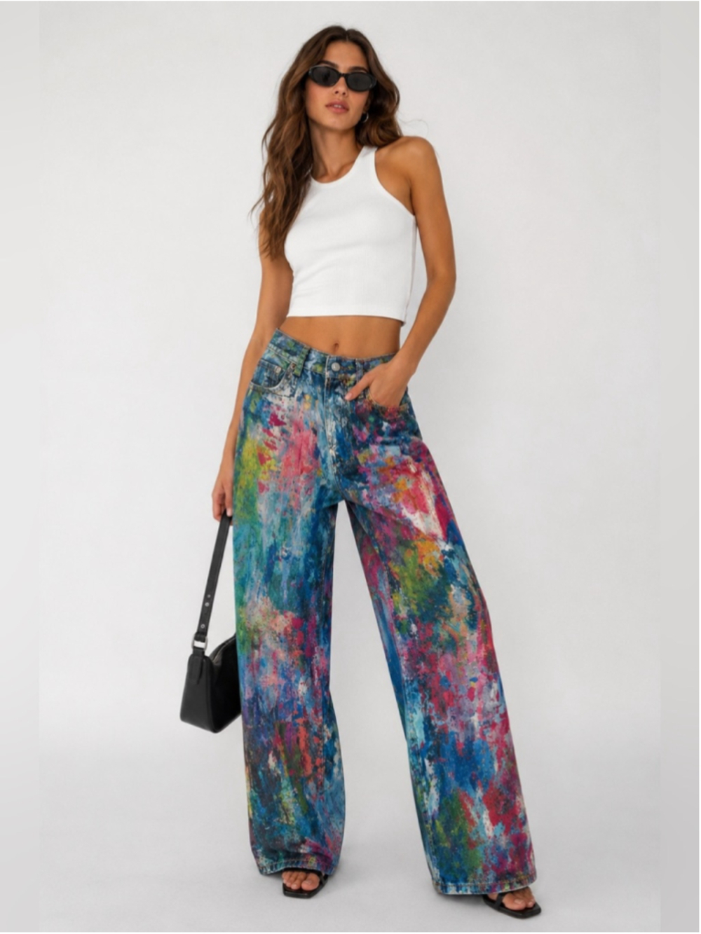 Multicolor Painted-Effect Wide Leg Jeans
